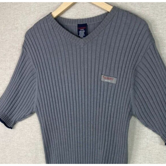 Vintage Tommy Hilfiger Mens Rib Knit Sweater Size XL Fitted Logo Preppy 90s Gray - Picture 2 of 10